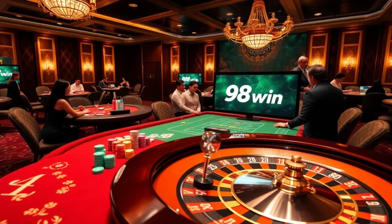 Experience the excitement of gambling at 98win with vibrant poker tables and roulette wheels.