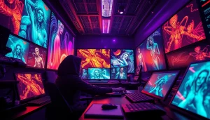 Innovative scene of an AI artist creating vibrant nsfw ai images in a modern studio.