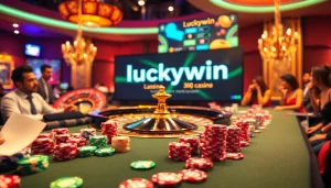 Experience the thrill of luckywin with a lively casino scene featuring a roulette wheel and excited players.