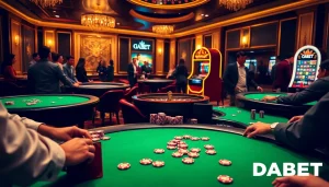 Play poker at DABET with excitement and high-stakes action in a luxurious casino setting.
