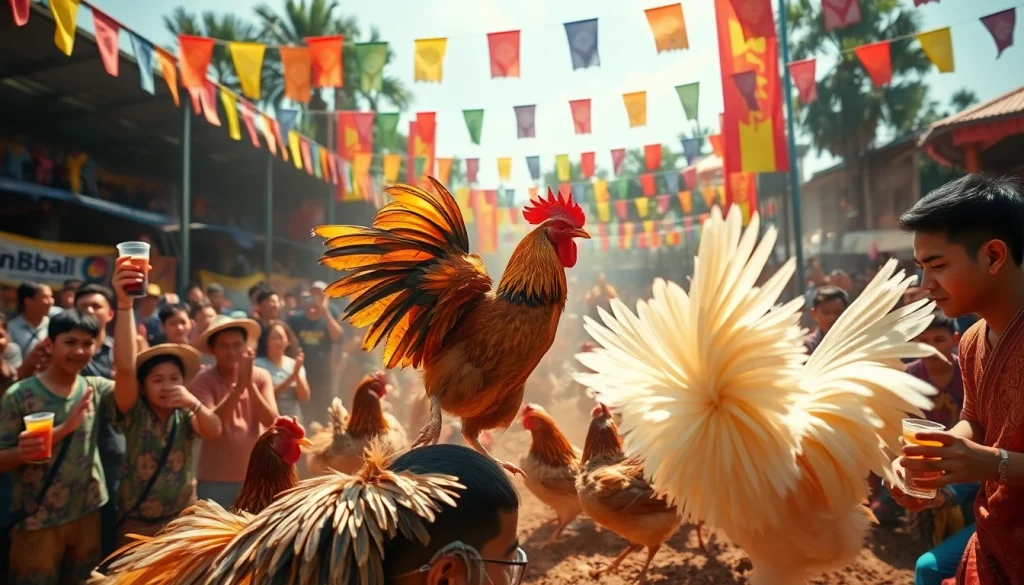 Witness thrilling chicken fights live at dagawin.live, featuring vibrant audiences and traditional Cambodian culture.
