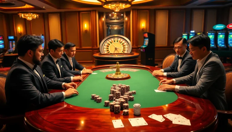 Tác giả RIKVIP engages gamers at a luxurious poker table in an elegant casino setting.