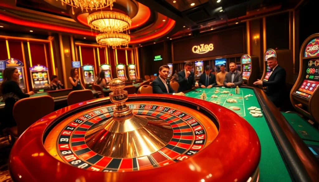 Experience the thrill of CM88 in a vibrant casino scene with roulette, poker tables, and eager players.