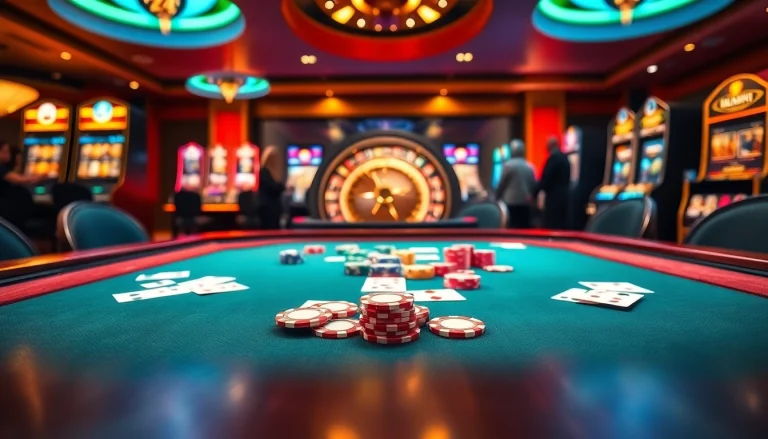 Players enjoying the excitement of gaming at the 13 Win casino, with vibrant tables and colorful chips.