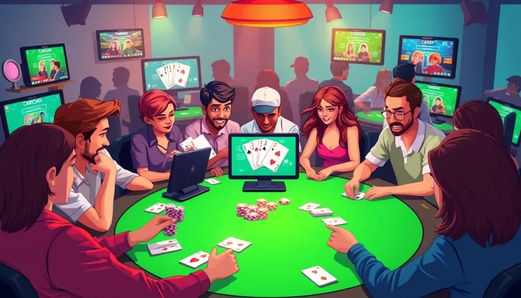 Topgamebaidoithuong.mx showcasing an exciting online card gaming scene with diverse players and vibrant colors.