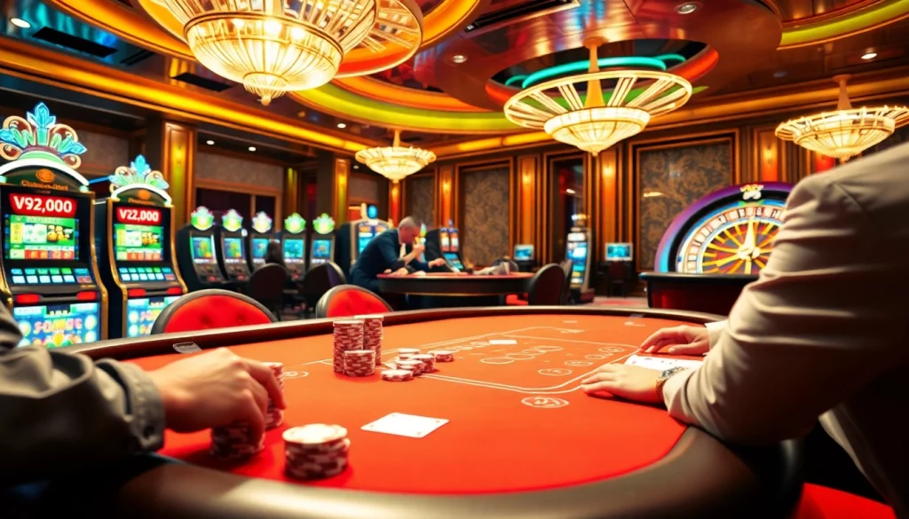 Engage with the excitement of gambling at vn23's luxurious casino tables, filled with chips and cards.