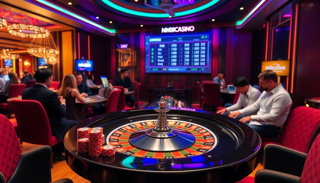 Players enjoying a vibrant roulette game at the MM88 casino with high-stakes chips.