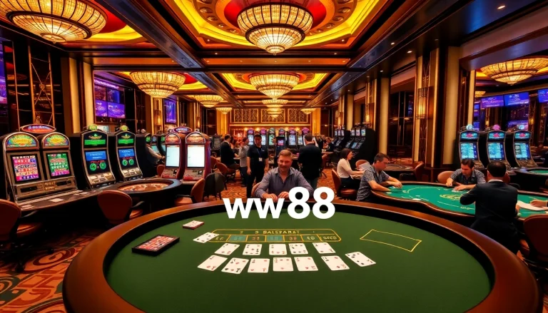 Experience thrilling games at ww88, with baccarat and poker in a luxurious casino setting.