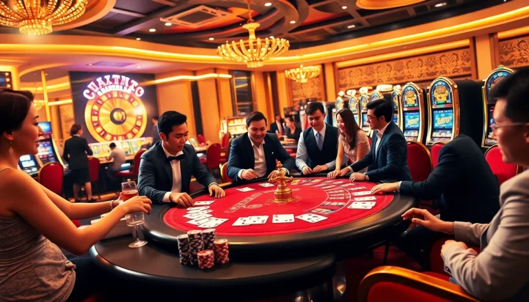 Players enjoying vin777 casino games at a vibrant poker table with exciting slot machines in the background.