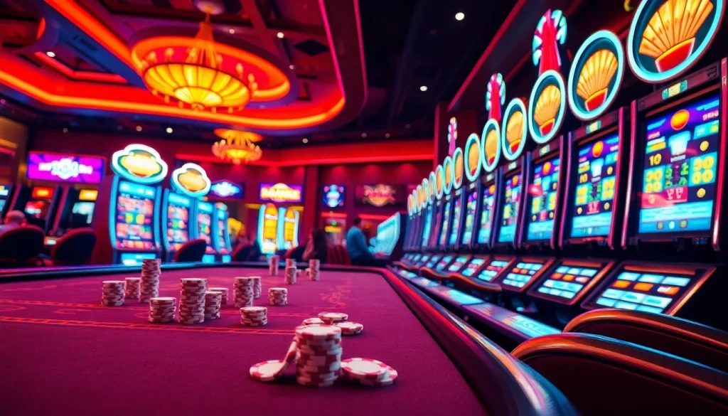 Experience the thrill of Game Kp88 at a luxurious online casino with vibrant slot machines and poker chips.