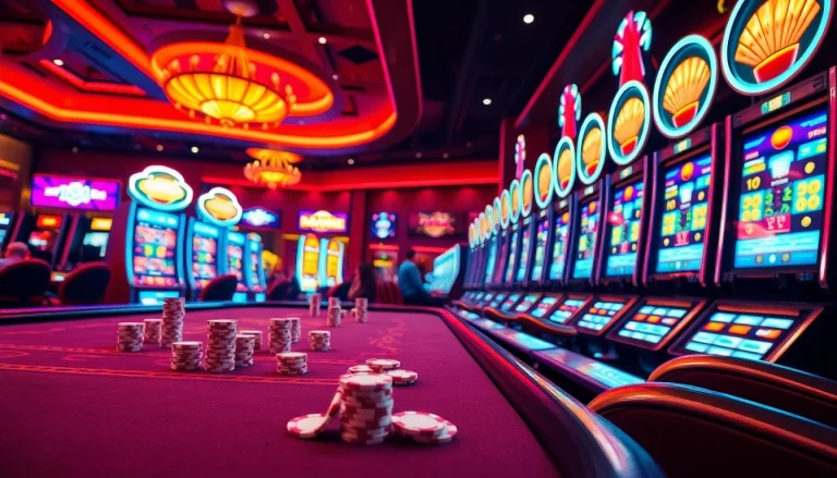 Experience the thrill of Game Kp88 at a luxurious online casino with vibrant slot machines and poker chips.