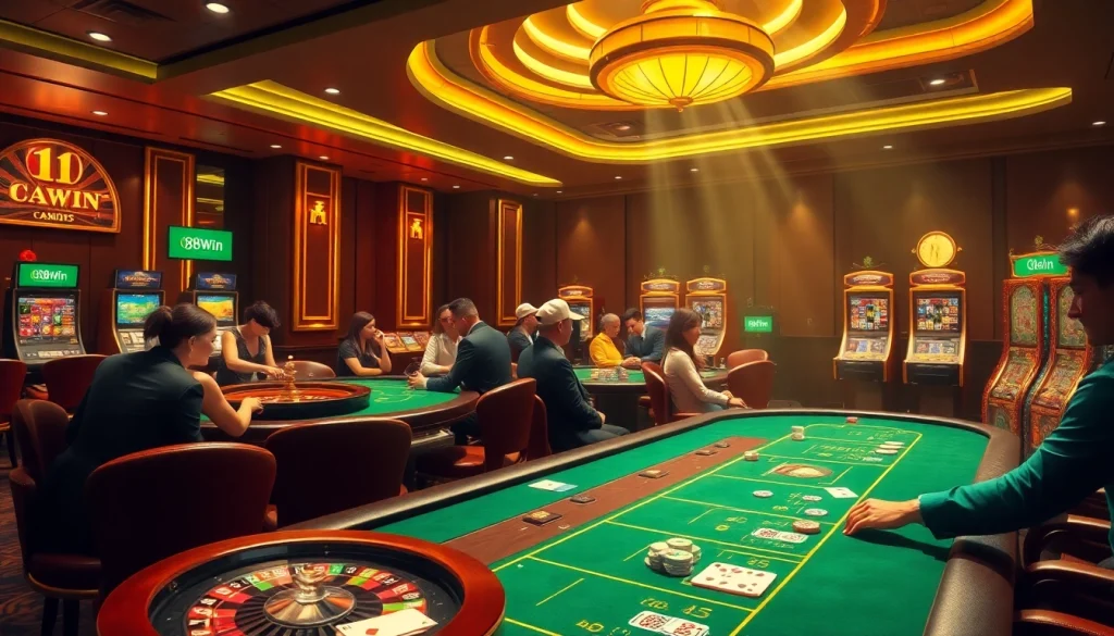 Experience a thrilling online gaming moment at 98Win with vibrant casino tables and engaging players.