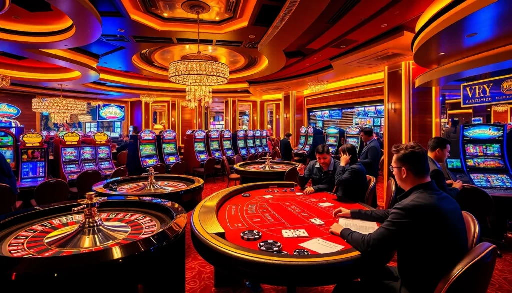 Experience the thrill of gambling at vz99 with vibrant casino interiors featuring slot machines and roulette wheels.