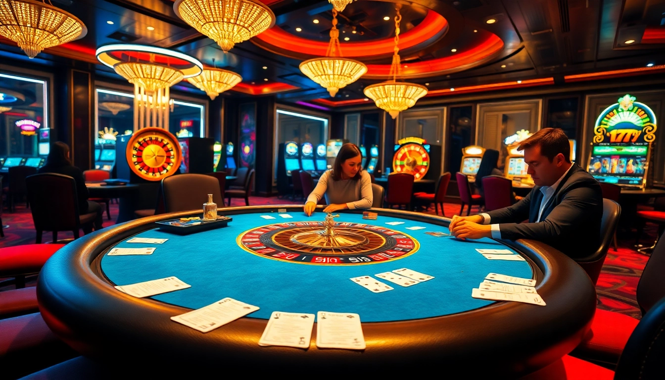 Engage in the excitement of xx88 with a luxurious casino scene showcasing poker and roulette.