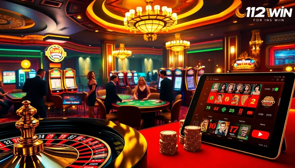 Engaging gamblers at a luxurious casino scene with 123win vn’s vibrant gaming atmosphere.