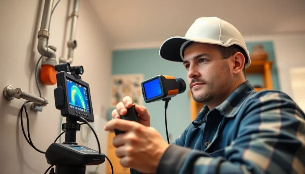 Water leak detection technician using advanced tools in a domestic setting.