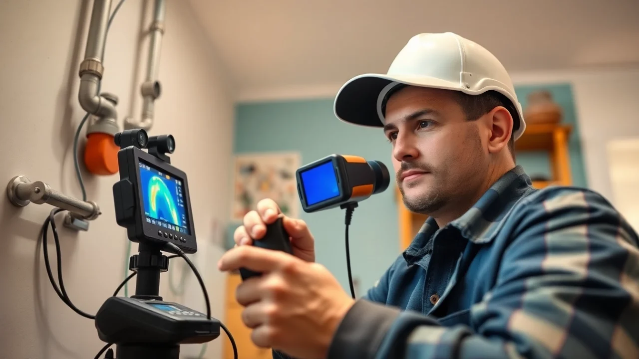 Water leak detection technician using advanced tools in a domestic setting.