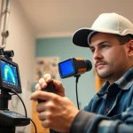 Water leak detection technician using advanced tools in a domestic setting.