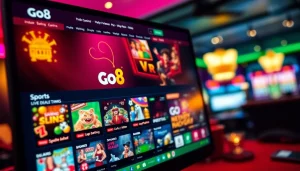 Go8 online gambling platform featuring a vibrant casino interface with interactive gaming elements.