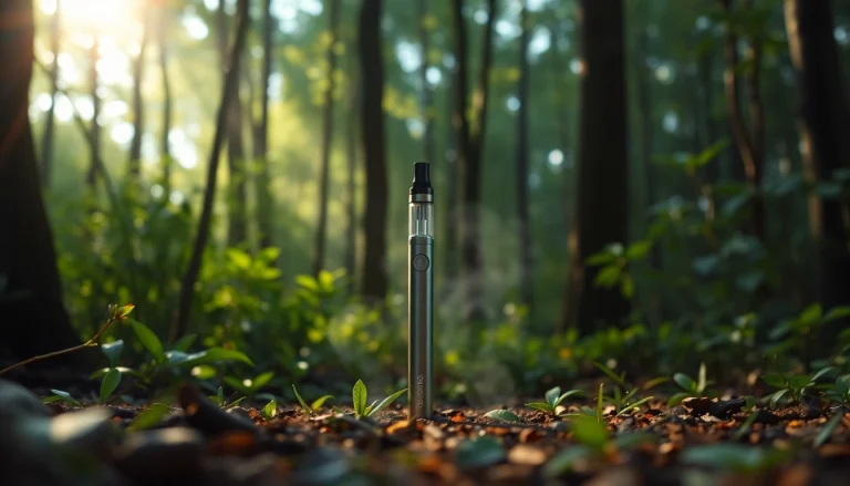 Buy DMT disposable vape pen showcased amidst tranquil forest scenery.