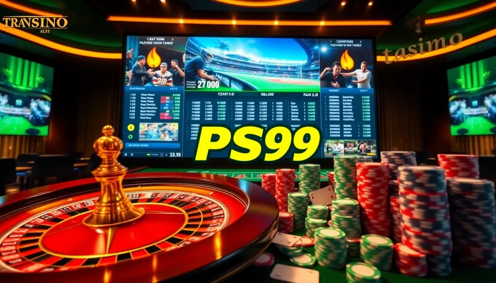 Exciting gaming scene at trang chủ PS99 with roulette, cards, and vibrant casino elements.