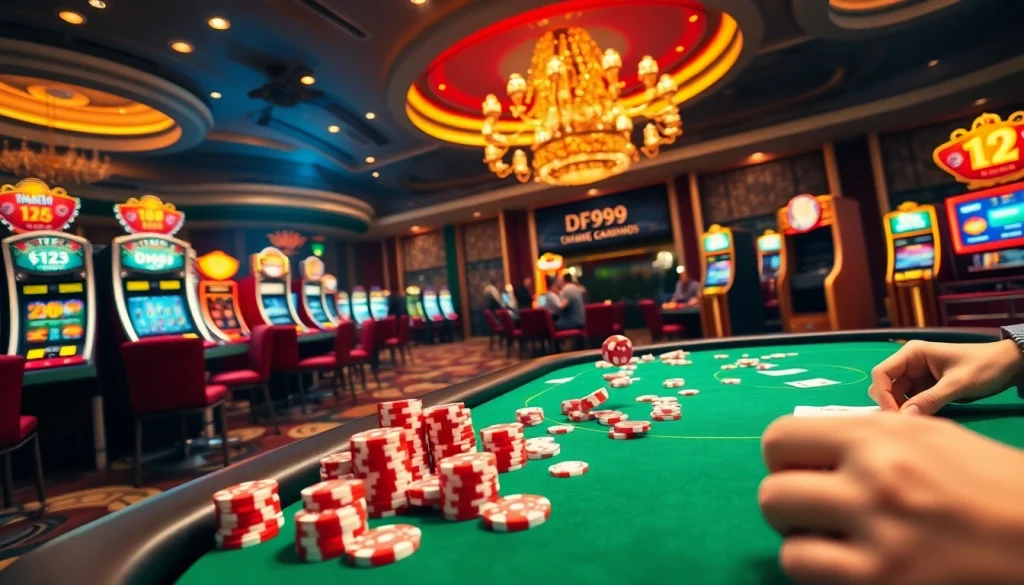 Link vào DF999 displayed on a luxurious casino table with vibrant gambling elements.