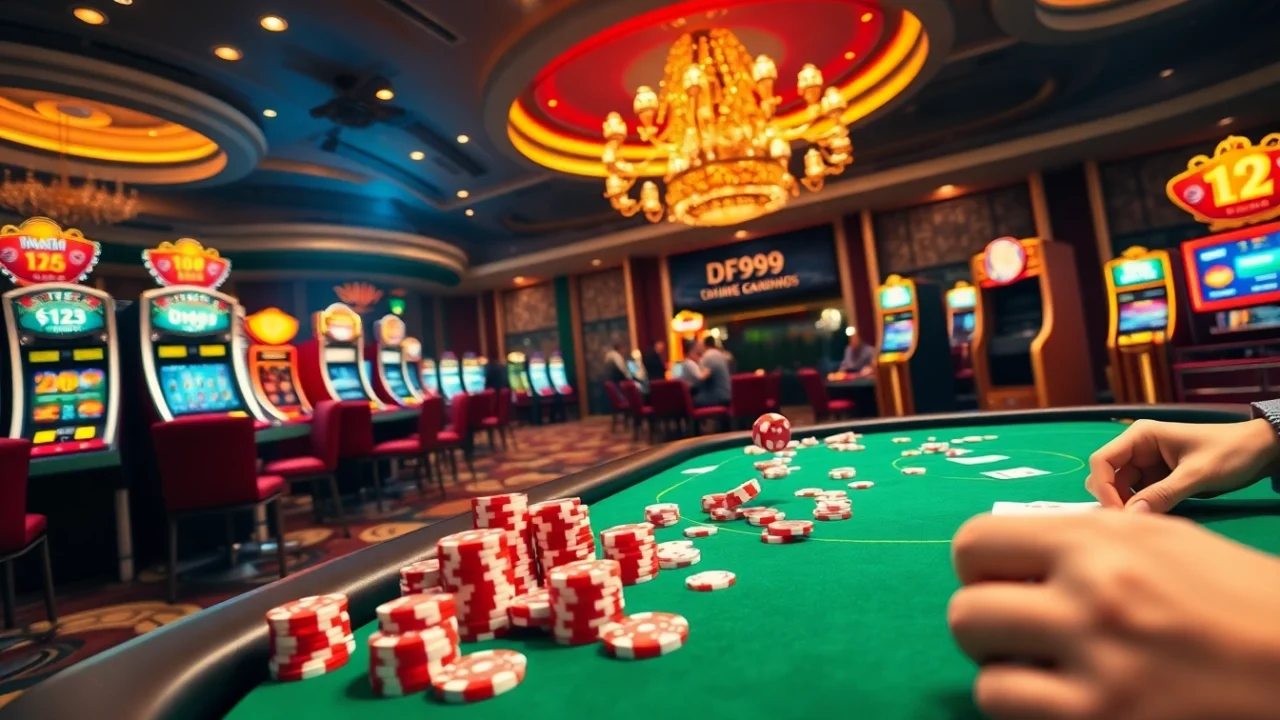 Link vào DF999 displayed on a luxurious casino table with vibrant gambling elements.
