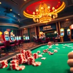 Link vào DF999 displayed on a luxurious casino table with vibrant gambling elements.