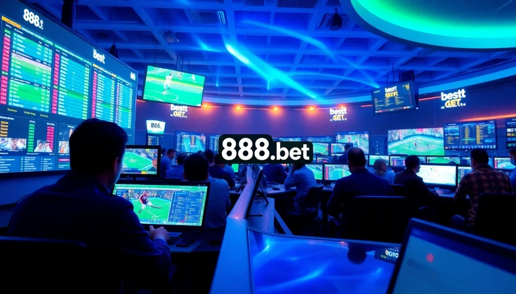 Dynamic online betting scene showcasing 888b.bet's platform with vibrant colors and sports action.