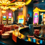 Exciting poker action at luckywin's luxurious casino, showcasing vibrant tables and colorful chips.