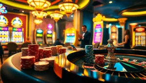 Exciting poker action at luckywin's luxurious casino, showcasing vibrant tables and colorful chips.