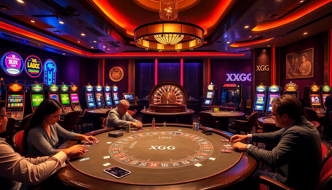 Experience high-stakes gaming with XXGG in a vibrant casino atmosphere filled with tables, chips, and excitement.