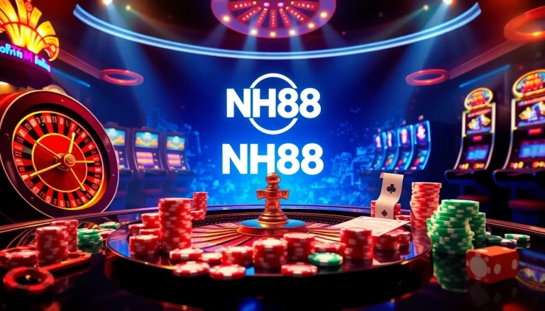 Experience the thrill of NH88 Casino with dynamic slot machines, poker chips, and a roulette wheel in a vibrant scene.