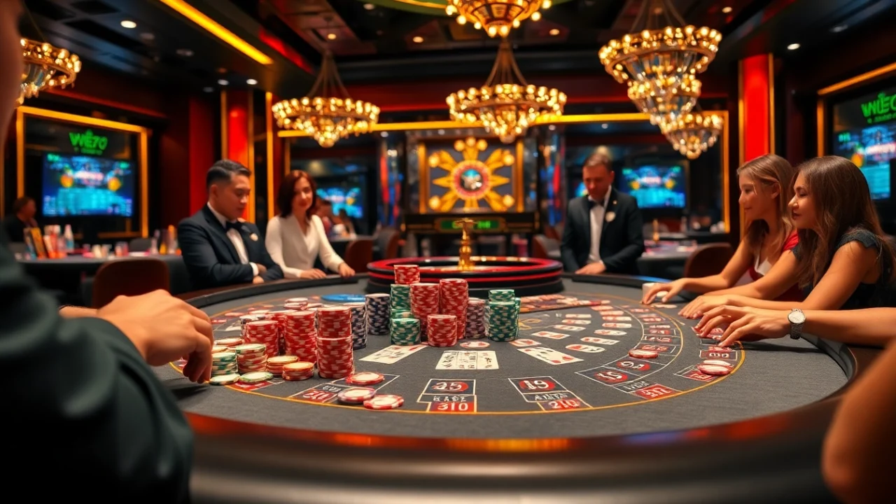 Players engaging in thrilling blackjack at https://5mbcr.com/ casino, showcasing vibrant chips and cards.