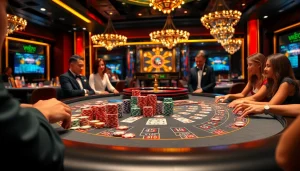 Players engaging in thrilling blackjack at https://5mbcr.com/ casino, showcasing vibrant chips and cards.