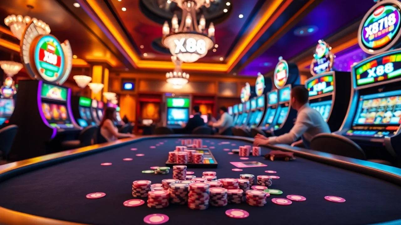 X88 gaming experience with vibrant tables, poker chips, and thrilling slot machines.