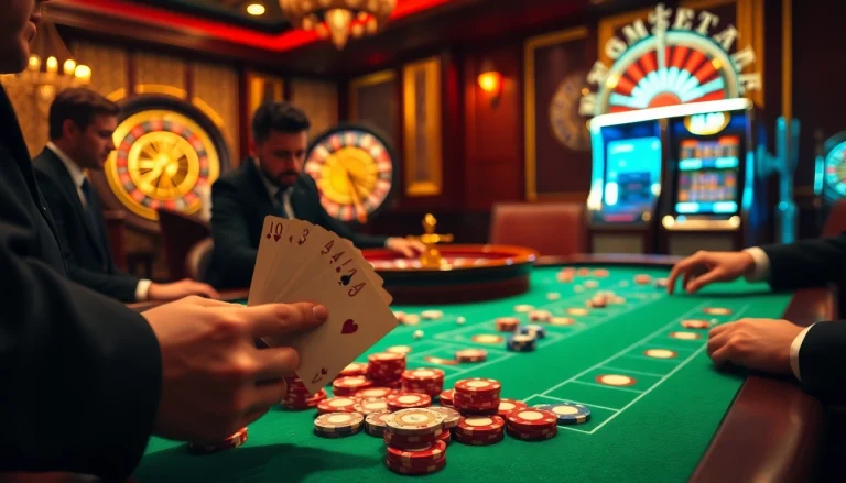 MM99 casino players enjoying a thrilling blackjack game at a luxurious table with vibrant chips.