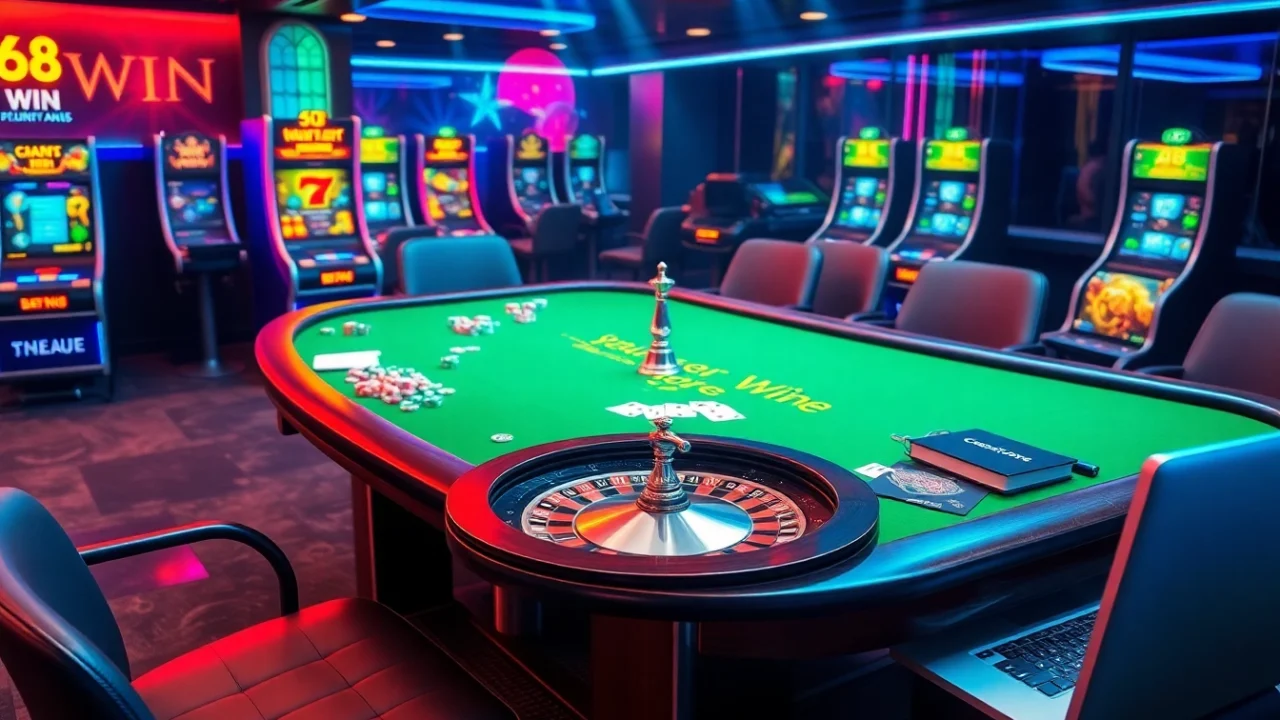 Experience the thrill of 68 WIN gaming with vibrant casino elements and professional betting scenes.
