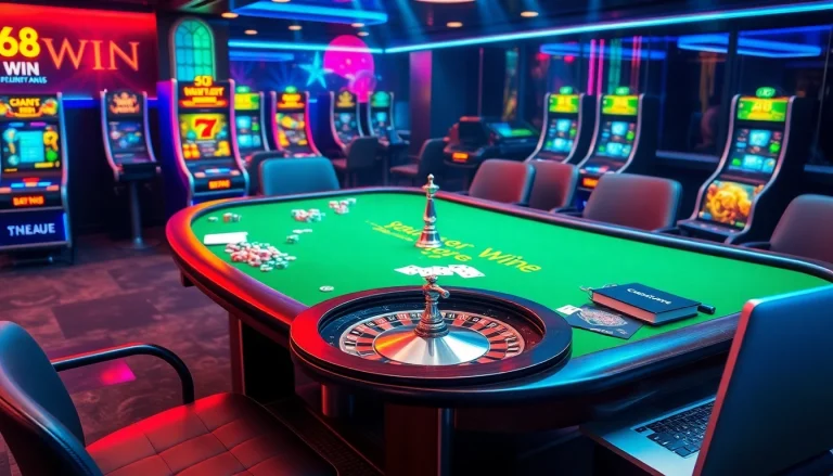 Experience the thrill of 68 WIN gaming with vibrant casino elements and professional betting scenes.