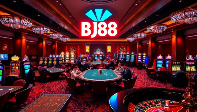 Players engaging at BJ88 casino tables with vibrant slot machines in the background.