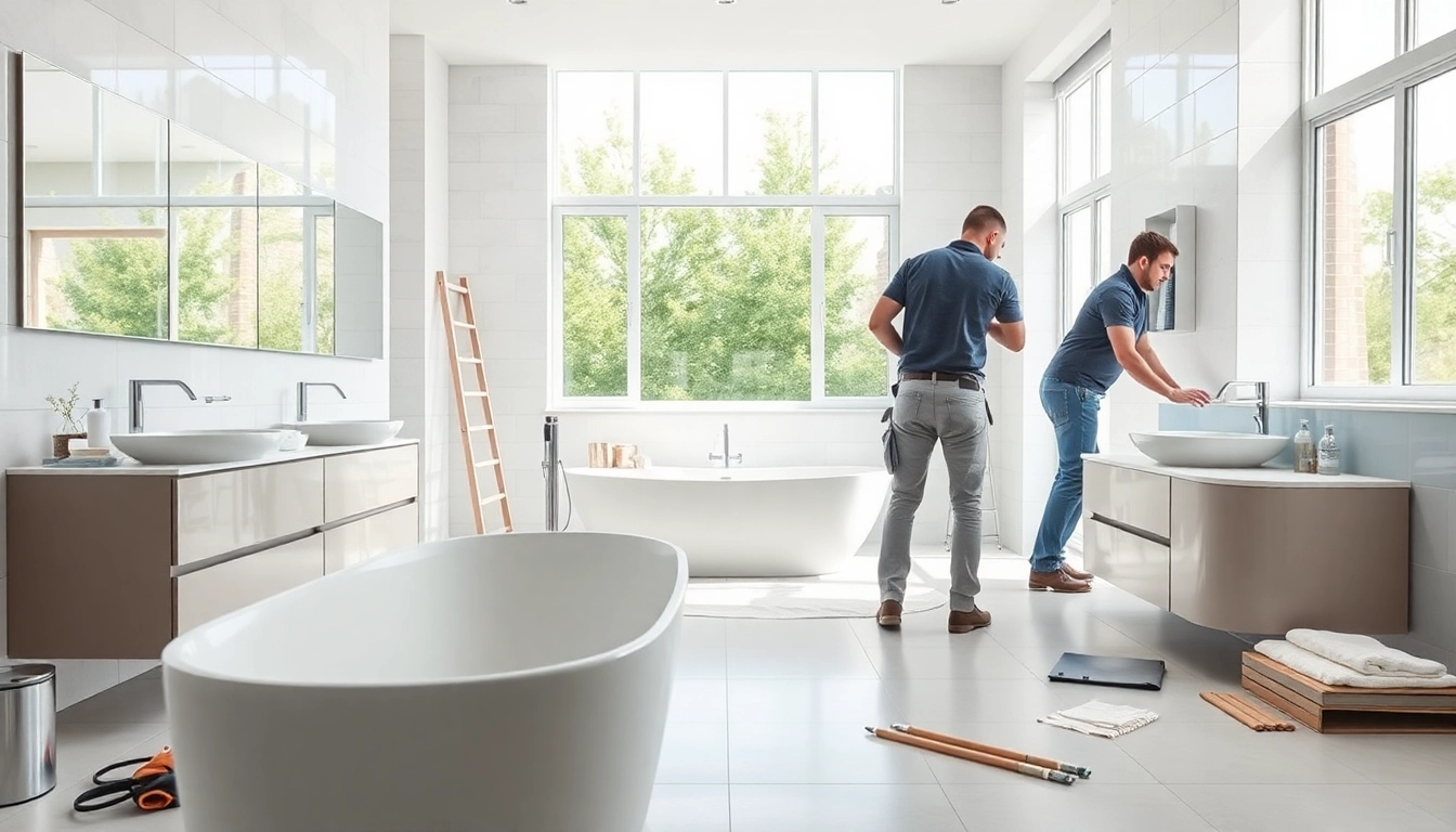 Manchester bathroom fitters remodeling a modern bathroom with elegant fixtures and bright lighting.