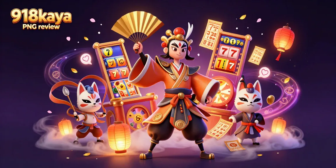 Experience 918kaya PNG review featuring vibrant slot reels and a kabuki warrior in a lively casino scene.