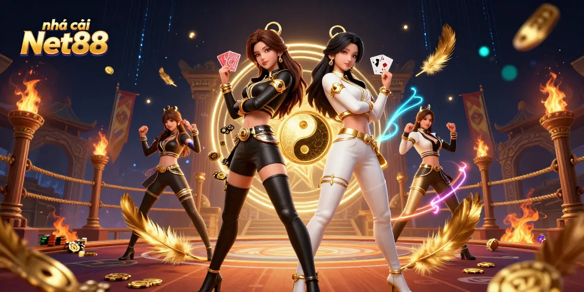 Experience the excitement at nhà cái Net88 with stunning twin Asian women champions holding playing cards amid golden casino symbols.