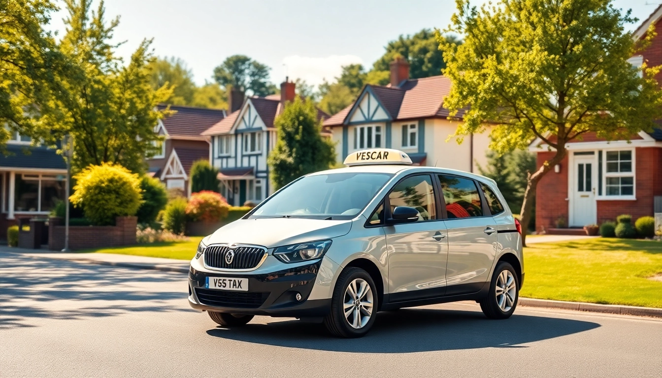 Hersham taxi service showcased in a suburban setting with modern taxi and bright colors.