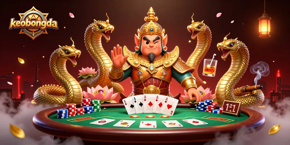Experience keobongda's thrilling poker action with vibrant characters and game elements in a rich 3D scene.