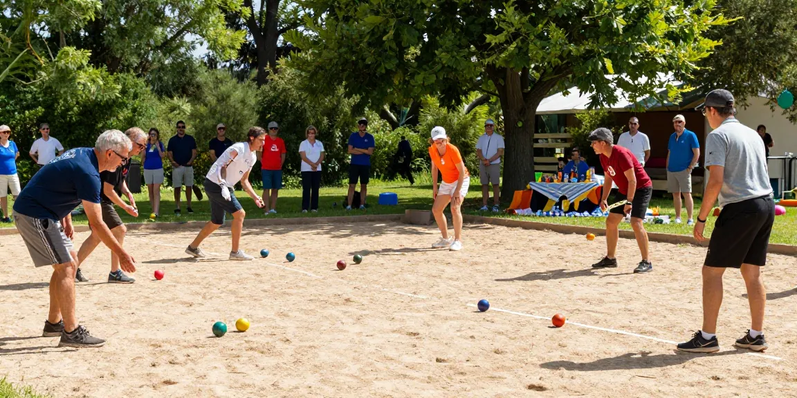 Exciting petanque match at fopikotapalopo.org with diverse players enjoying friendly competition in a sunny outdoor court.