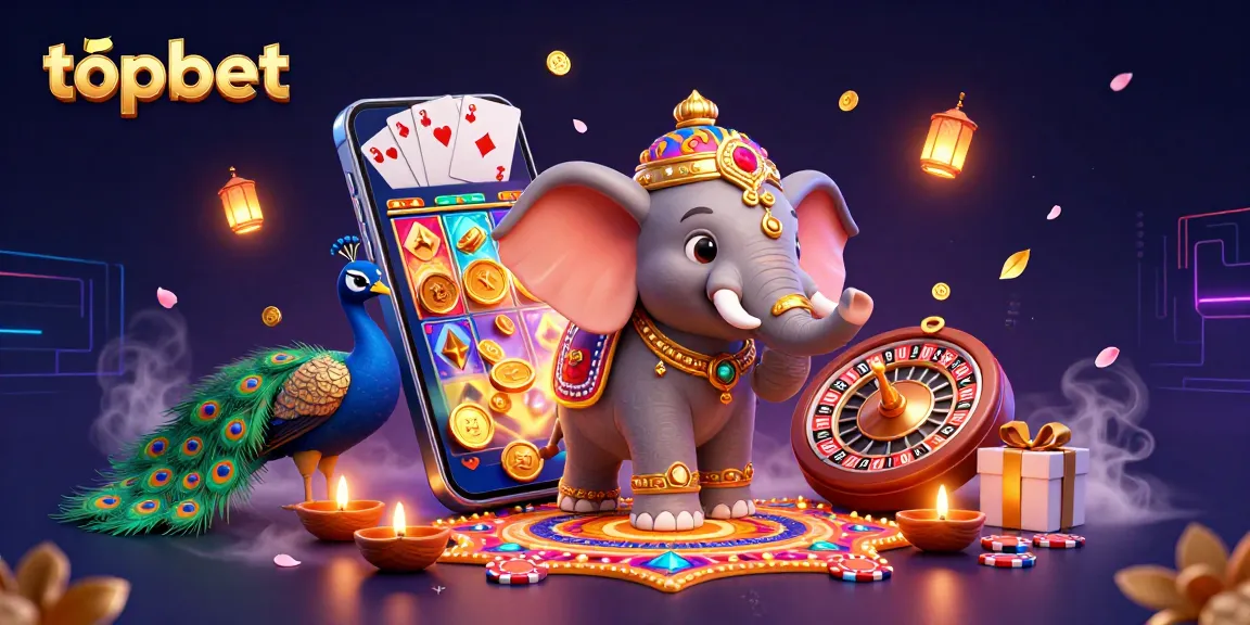 Experience thrilling gaming action at topbet with vibrant slots and casino elements in a dynamic 3D scene.