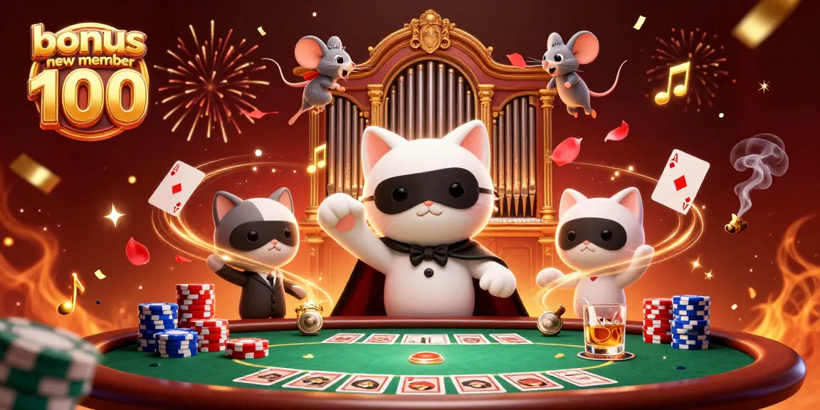 Memenangkan bonus anggota baru 100 dengan momen meriah di kasino, dikelilingi chip poker dan aksesoris.
