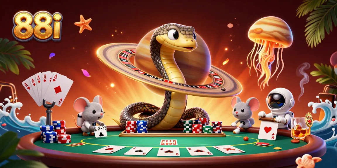 Tiny astronaut mice betting on a roulette wheel around 88i's cosmic dealer jellyfish.