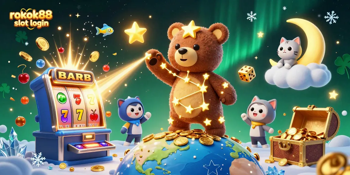 Experience the excitement of rokok88 slot login, featuring a vibrant 3D casino scene with a bear and slot machine.